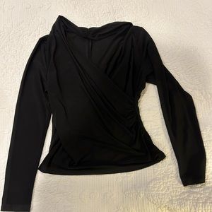 Black long sleeve V-neck, wrap style.